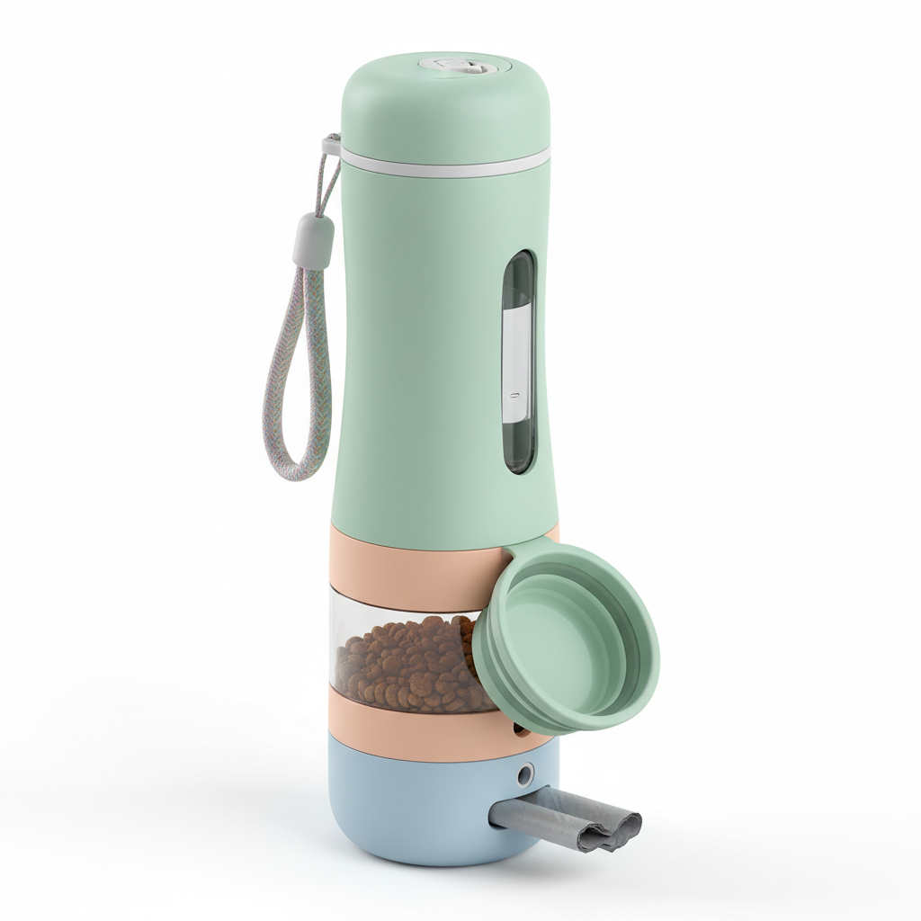 Modern 3-in-1 portable pet travel bottle with food and waste bag compartments