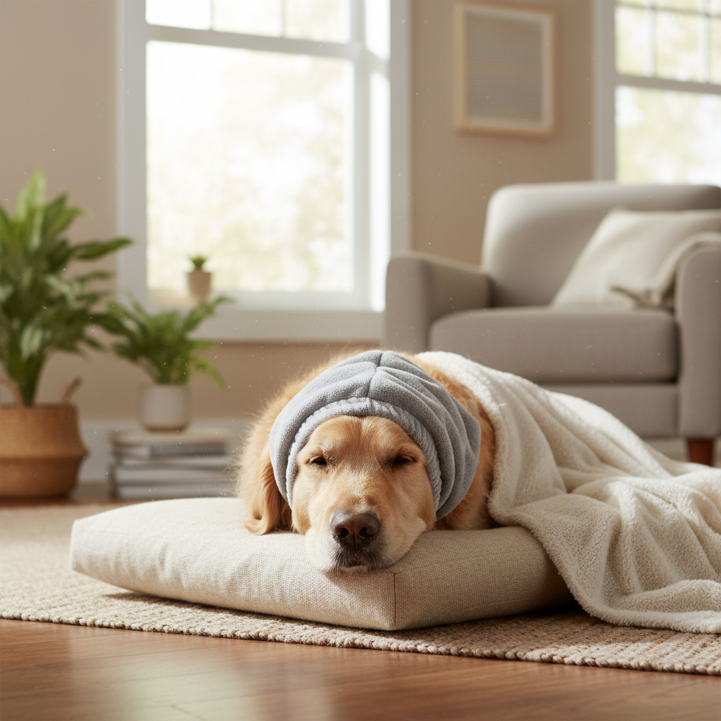Calm relaxed dog wearing soft calming hoodie ear wrap in peaceful home