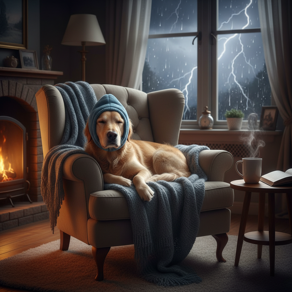 Dog resting comfortably during thunderstorm with calming ear wrap showing stress relief