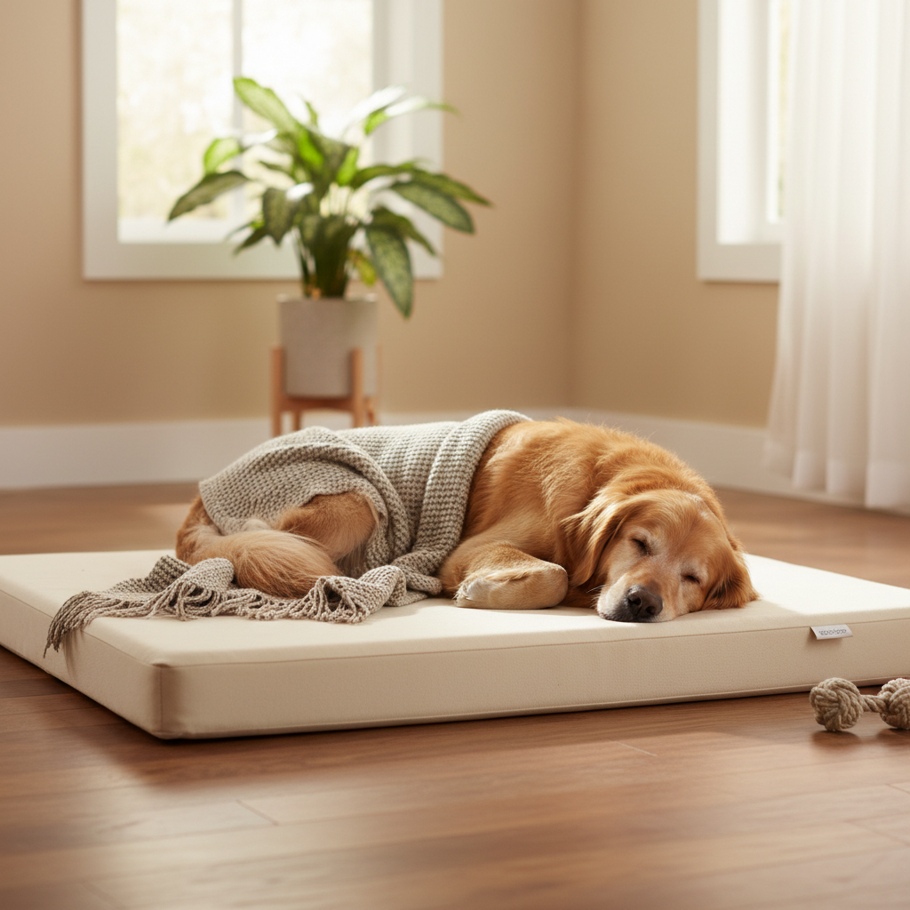 Relaxed dog sleeping peacefully on waterproof non-slip pet mattress in cozy home