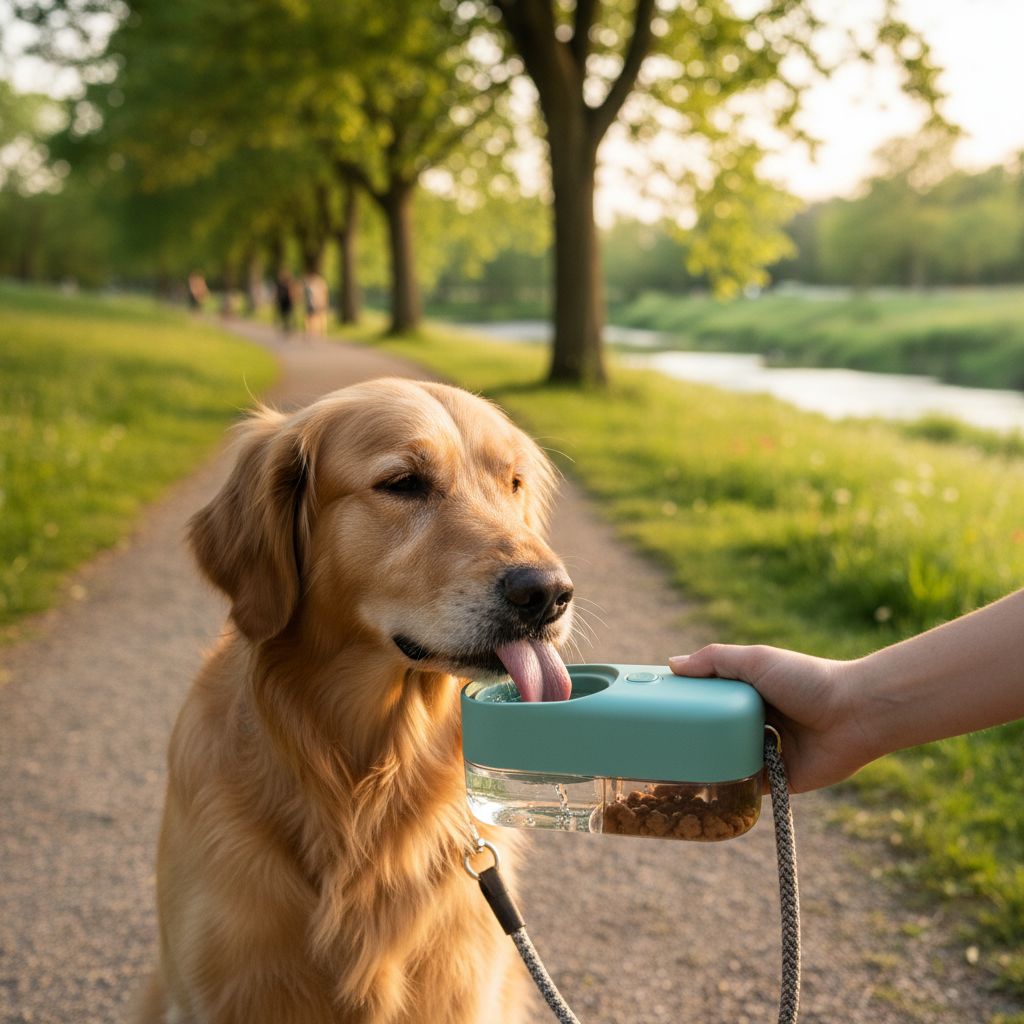 Happy calm dog drinking from portable pet water bottle during peaceful outdoor walk