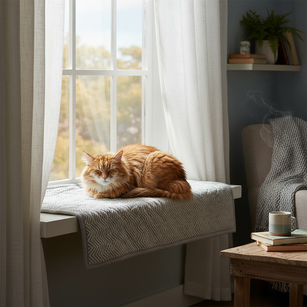 Cat curled up peacefully on soft waterproof pet blanket with natural light