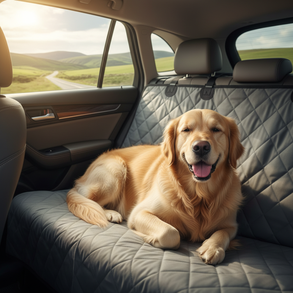 Calm relaxed dog sitting comfortably in car with waterproof pet seat cover