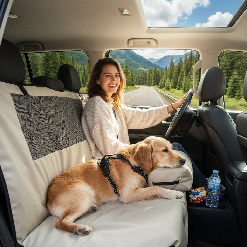 Pet owner and dog enjoying stress-free road trip with waterproof car seat cover