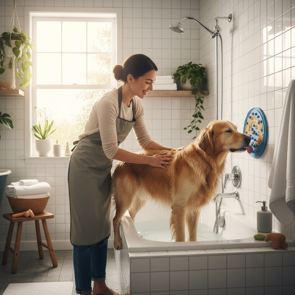 Happy pet owner bathing calm dog distracted by licking pad with treats