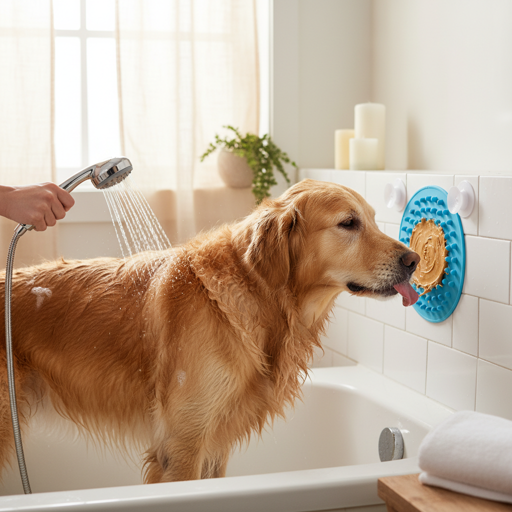 Calm relaxed dog licking silicone pad during stress-free bath time
